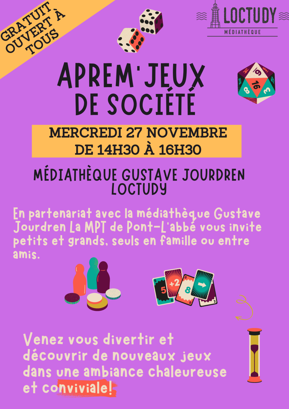 Affiche Aprem' jeux de société en partenariat avec la MPT. Médiathèque de loctudy le 27 novembre de 14h30 à 16h30.