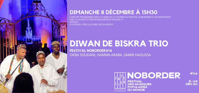 Affiche Diwan de biskra trio. Concert programmé dans le cadre de la tournée du festival Noborder. Médiathèque de Plouescat